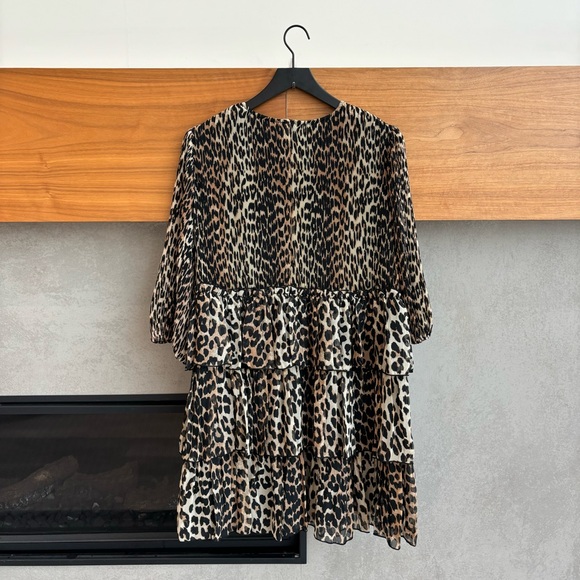 GANNI Pleated Leopard Print Georgette Mini Dress, Size M - Picture 13 of 16